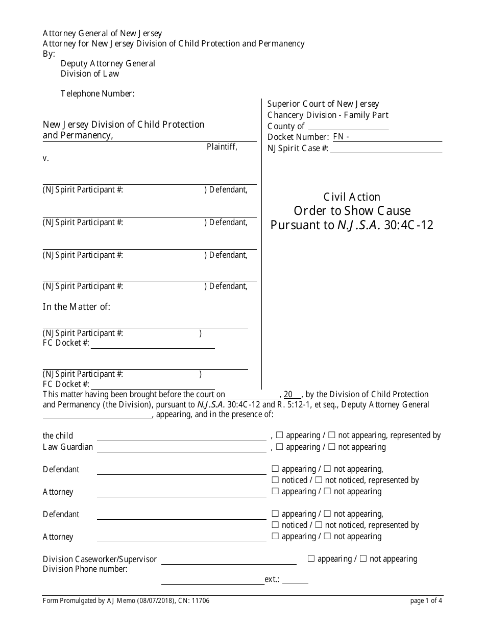 Form CN:11706 Order to Show Cause Pursuant to N.j.s.a. 30:4c-12 - New Jersey, Page 1