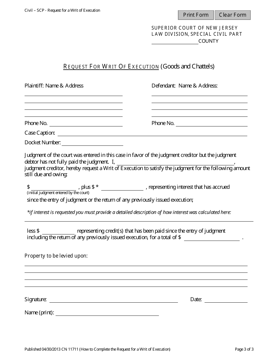 Form 11711 Request for Writ of Execution (Goods and Chattels) - New Jersey, Page 3
