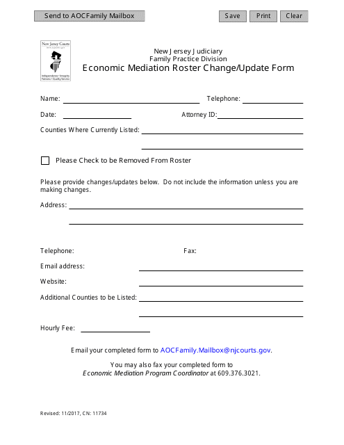 Form CN:11734 Economic Mediation Roster Change/Update Form - New Jersey