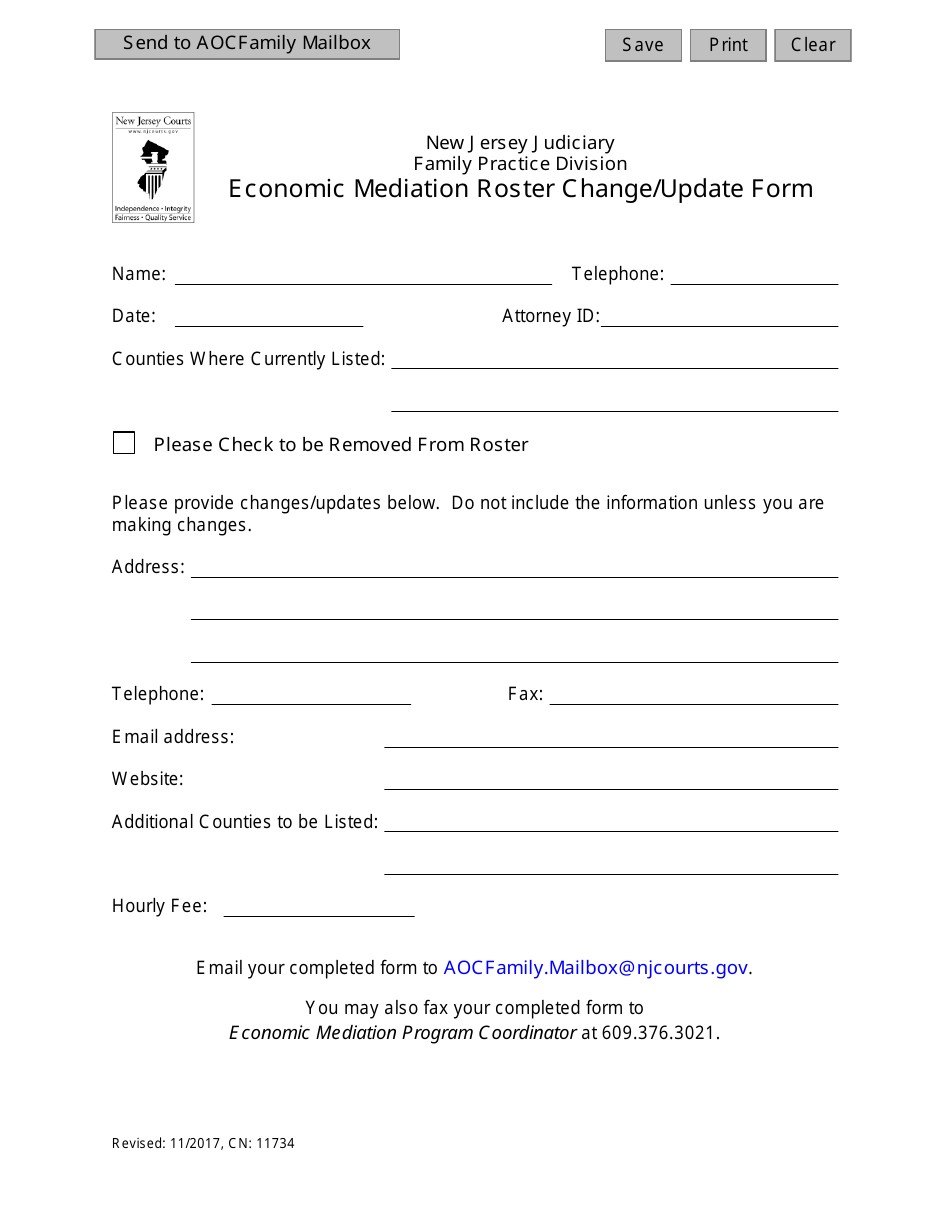 Form CN:11734 Economic Mediation Roster Change / Update Form - New Jersey, Page 1