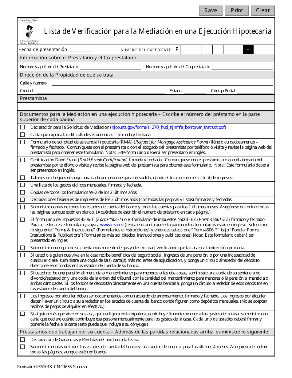 Formulario 11655 Lista De Verificacion Para La Mediacion En Una Ejecucion Hipotecaria - New Jersey (Spanish), Page 1