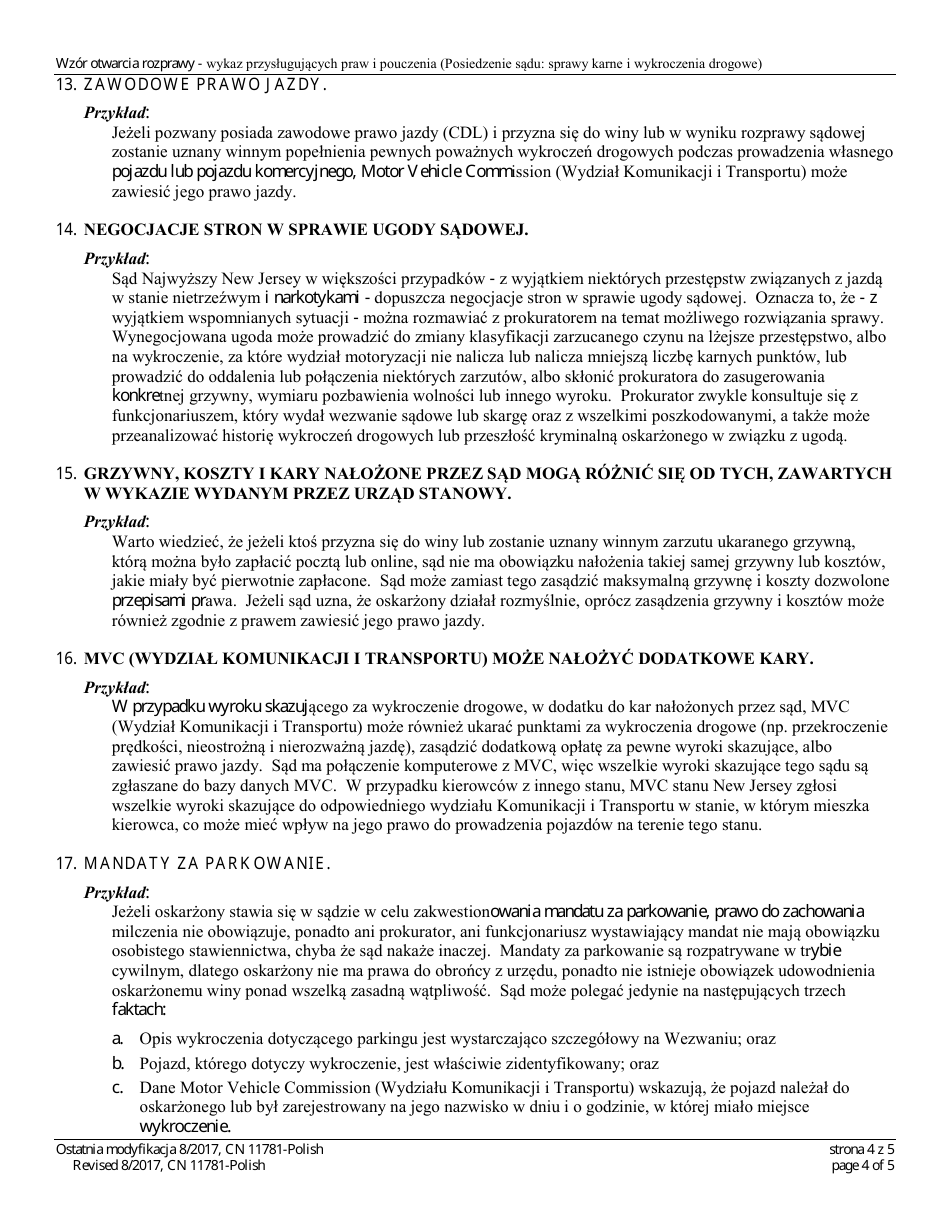 Form 11781 Model Opening Statement - Listing of Basic Rights and Advisements (Criminal and Traffic Sessions) - New Jersey (Polish), Page 4