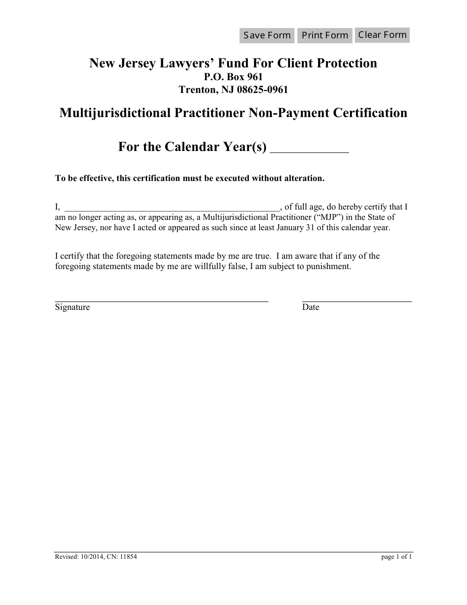 Form CN:11854 Multijurisdictional Practitioner Non-payment Certification - New Jersey, Page 1
