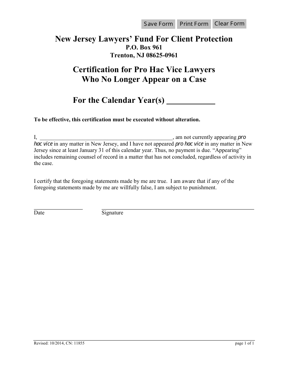 Form CN:11855 Certification for Pro Hac Vice Lawyers Who No Longer Appear on a Case - New Jersey, Page 1
