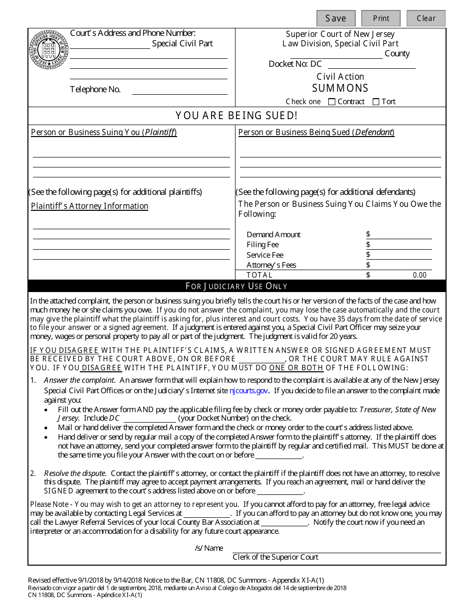 Form 11808 Appendix XI-A(1) Dc Summons - New Jersey (English / Spanish), Page 1