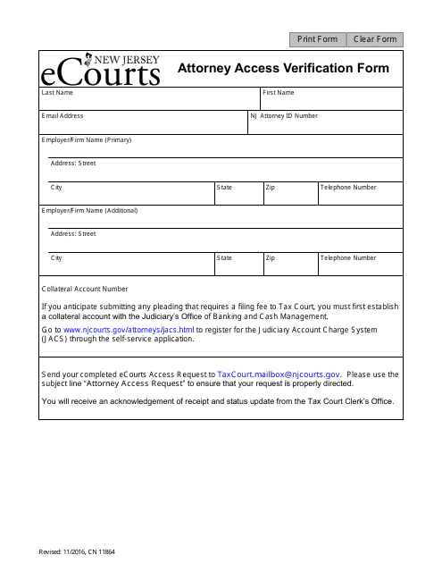 Form 11864 Attorney Access Verification Form - New Jersey
