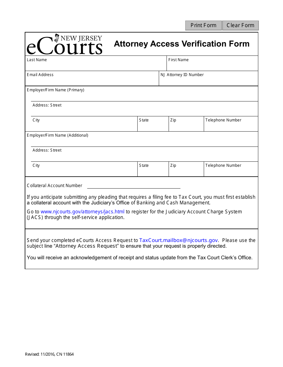 Form 11864 Attorney Access Verification Form - New Jersey, Page 1