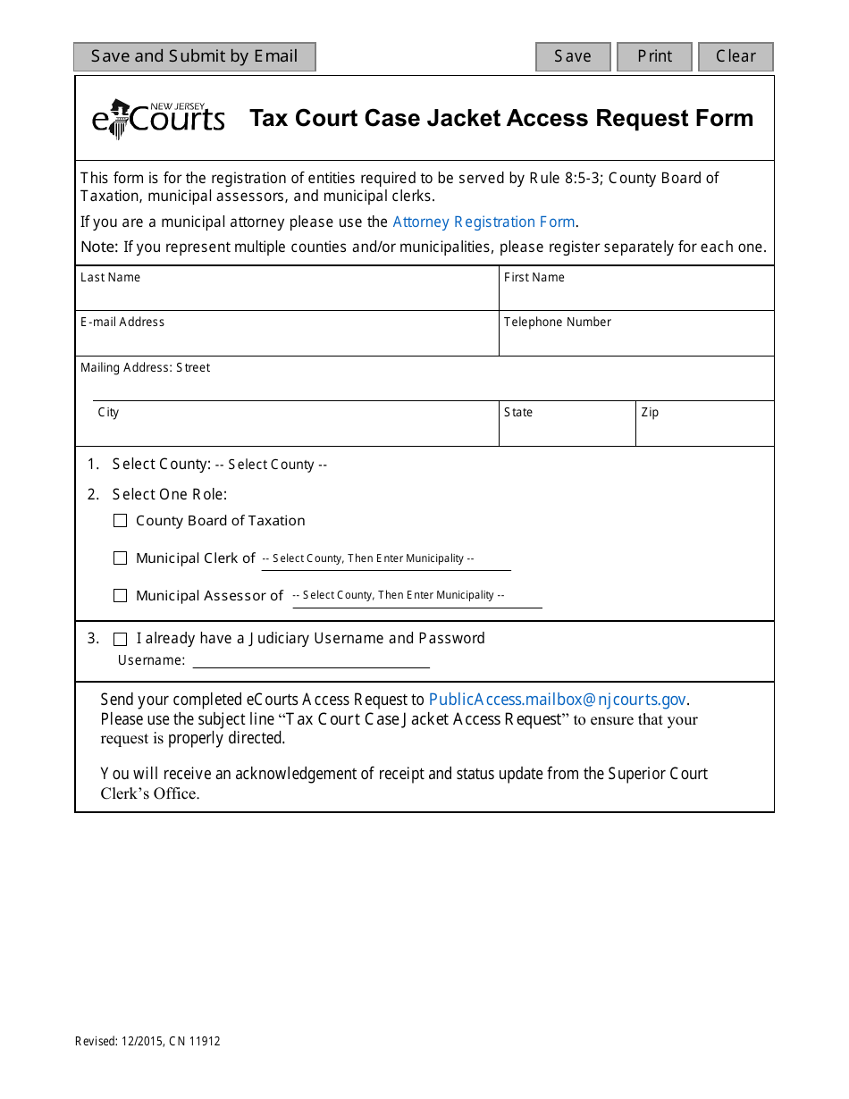 Form 11912 Tax Court Case Jacket Access Request Form - New Jersey, Page 1