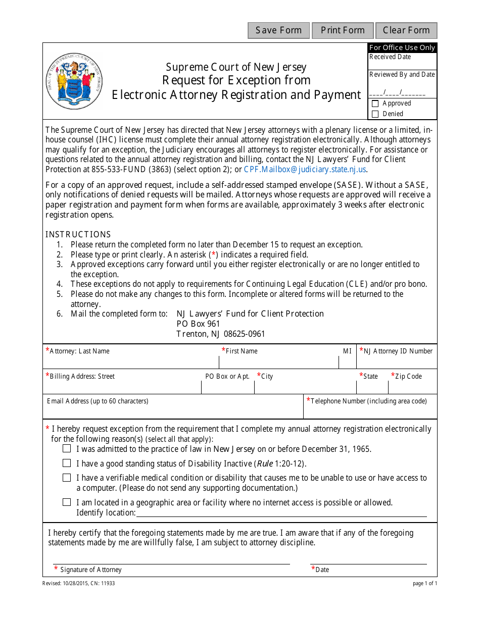 Form CN:11933 Request for Exception From Electronic Attorney Registration and Payment - New Jersey, Page 1