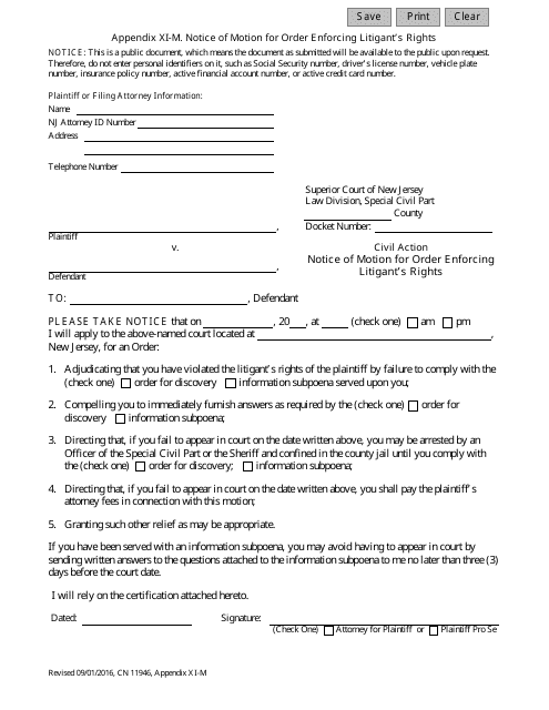 Form 11946 Appendix XI-M Notice of Motion for Order Enforcing Litigant's Rights - New Jersey