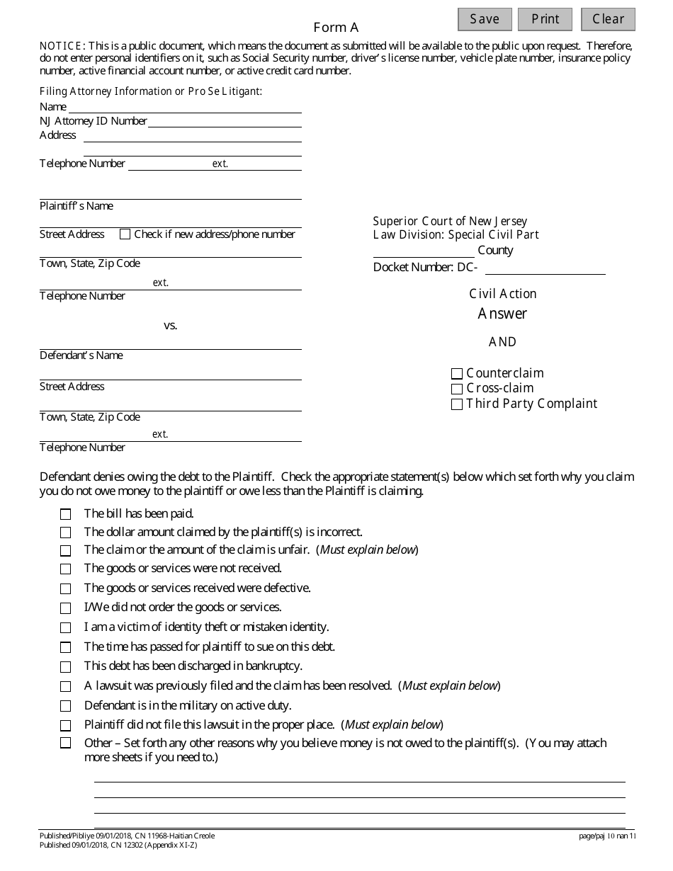 Form A (11968; 12302) Appendix XI-Z Special Civil Answer With a Counterclaim, Cross-claim and / or Third Party Complaint - New Jersey (English / Haitian Creole), Page 10