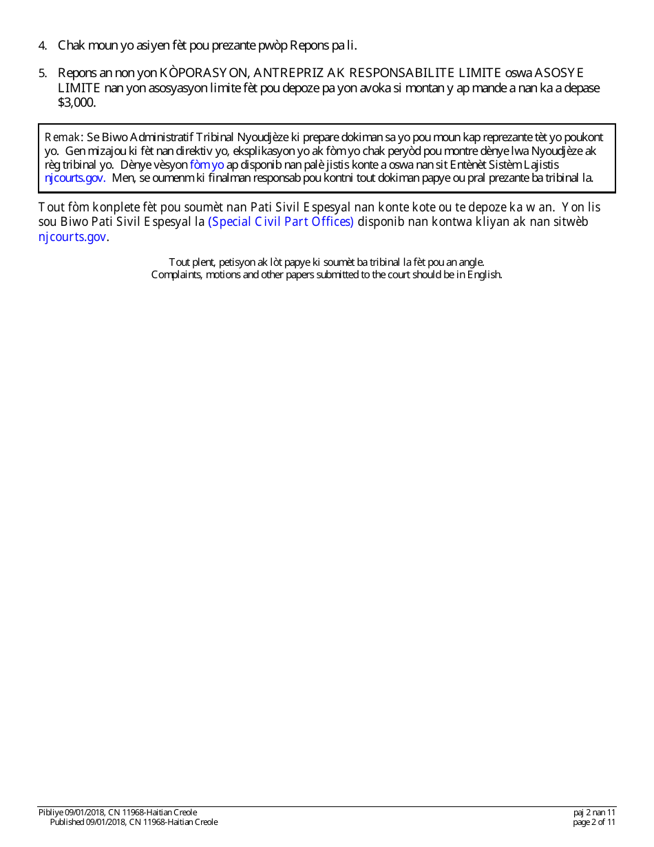 Form A (11968; 12302) Appendix XI-Z Special Civil Answer With a Counterclaim, Cross-claim and / or Third Party Complaint - New Jersey (English / Haitian Creole), Page 2