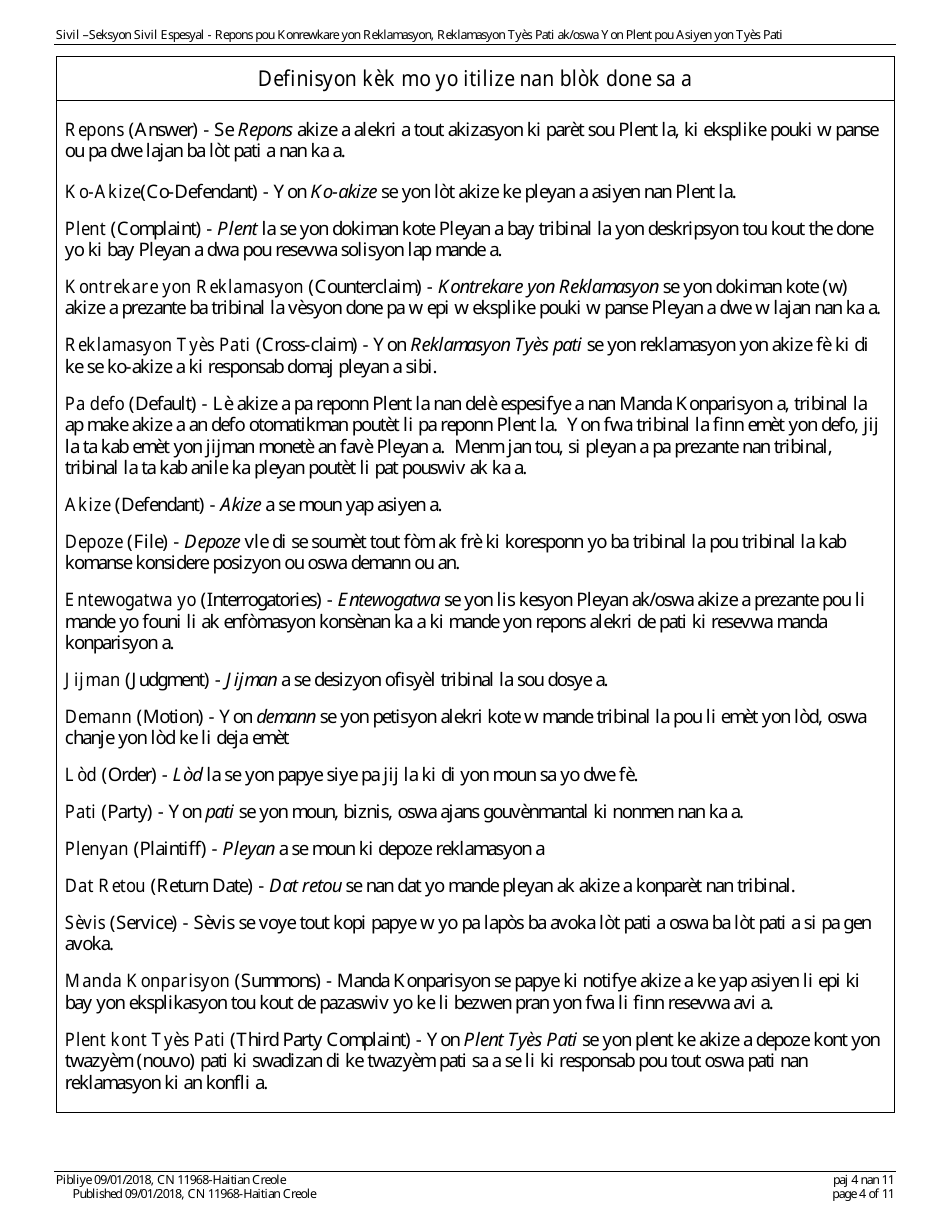 Form A (11968; 12302) Appendix XI-Z Special Civil Answer With a Counterclaim, Cross-claim and / or Third Party Complaint - New Jersey (English / Haitian Creole), Page 4