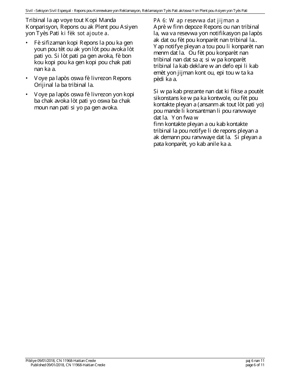 Form A (11968; 12302) Appendix XI-Z Special Civil Answer With a Counterclaim, Cross-claim and / or Third Party Complaint - New Jersey (English / Haitian Creole), Page 6