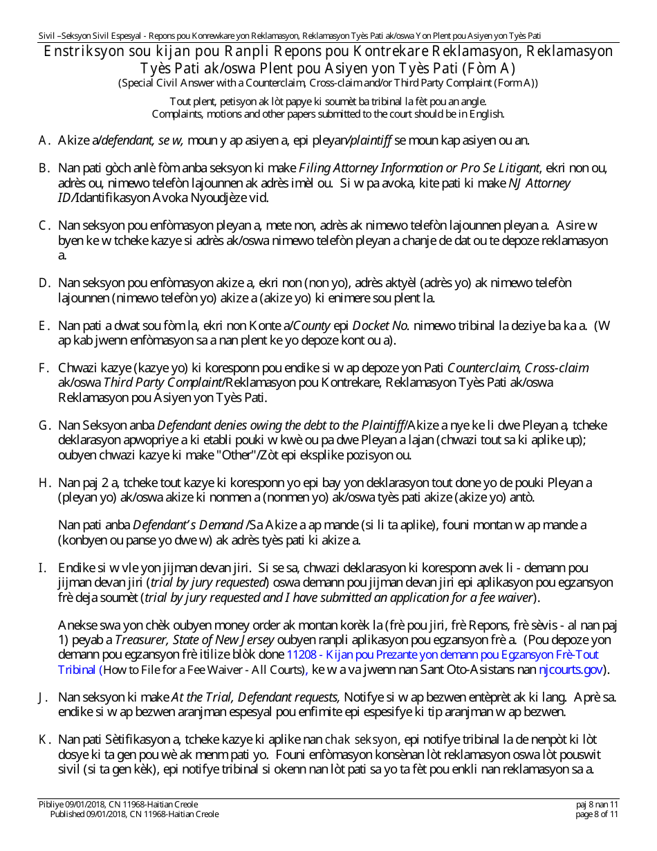 Form A (11968; 12302) Appendix XI-Z Special Civil Answer With a Counterclaim, Cross-claim and / or Third Party Complaint - New Jersey (English / Haitian Creole), Page 8