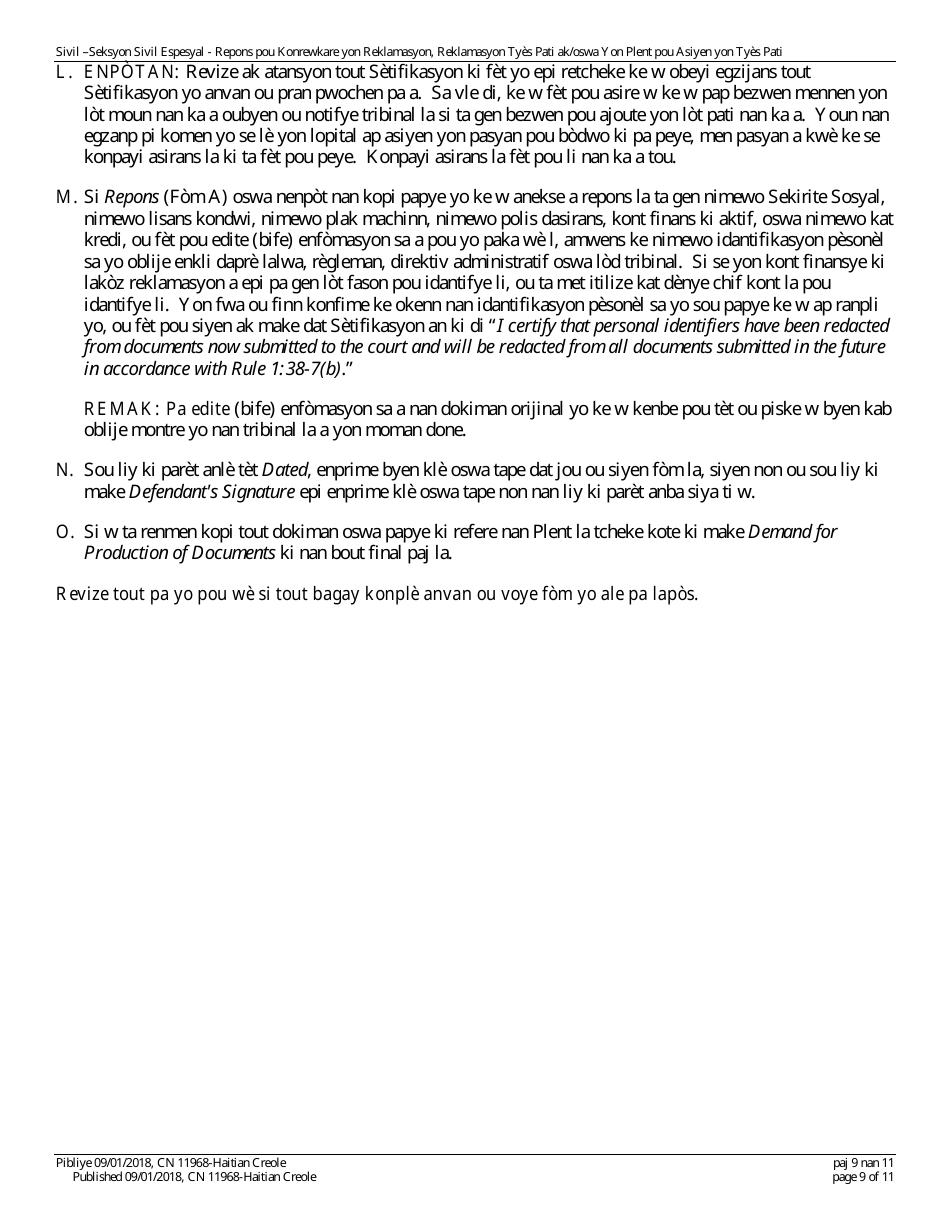 Form A (11968; 12302) Appendix XI-Z Special Civil Answer With a Counterclaim, Cross-claim and / or Third Party Complaint - New Jersey (English / Haitian Creole), Page 9