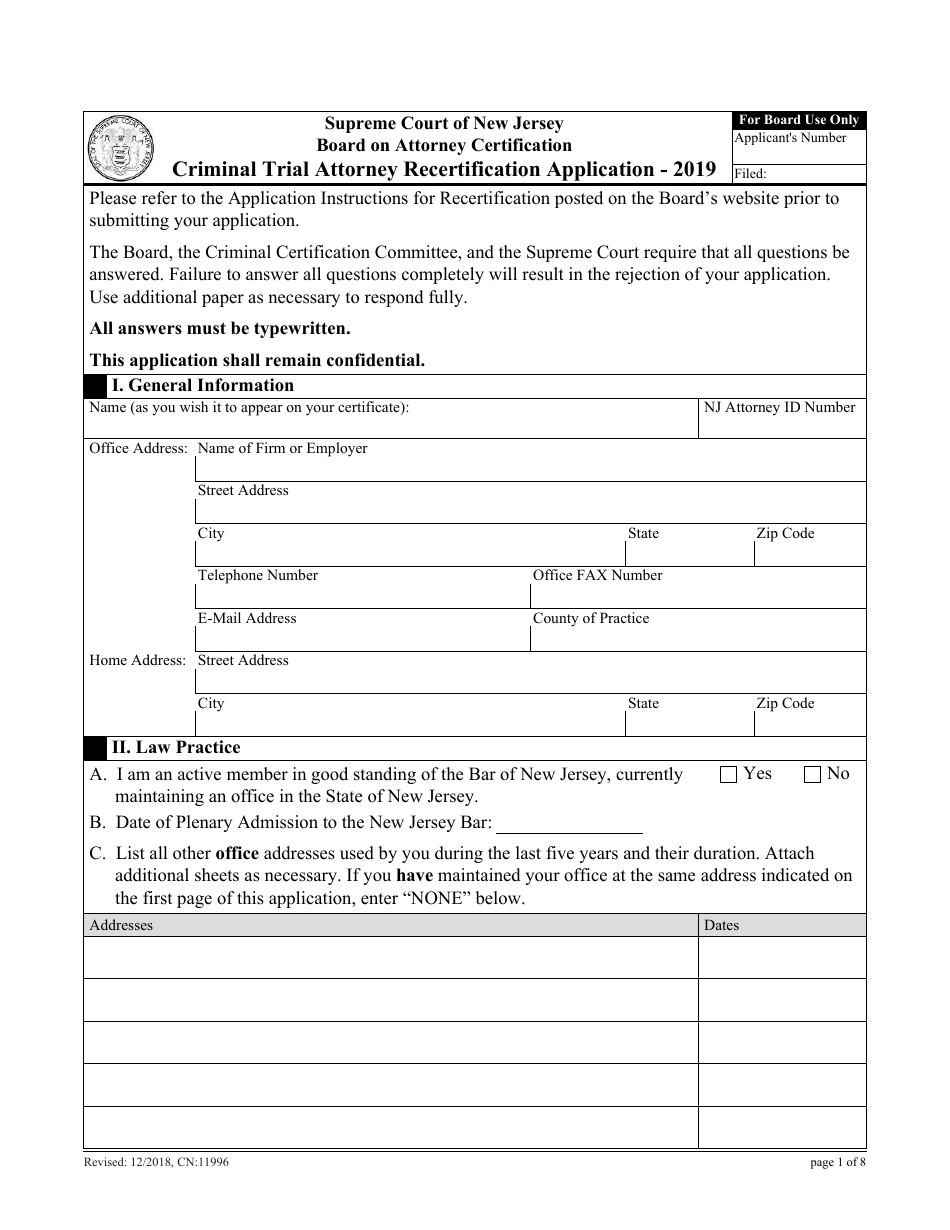 Form CN:11996 Criminal Trial Attorney Recertification Application - New Jersey, Page 1