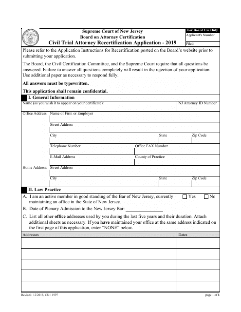 Form CN:11997 Civil Trial Attorney Recertification Application - New Jersey, 2019