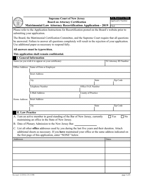 Form CN:11998 Matrimonial Law Attorney Recertification Application - New Jersey, 2019