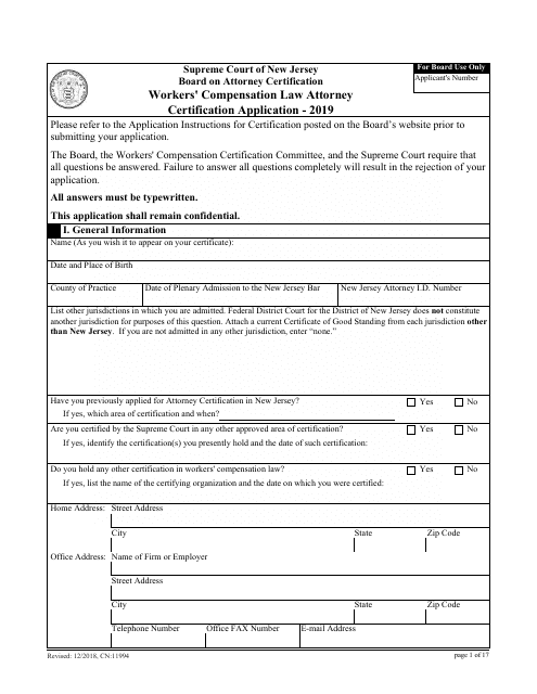 Form CN:11994 Workers' Compensation Law Attorney Certification Application - New Jersey, 2019