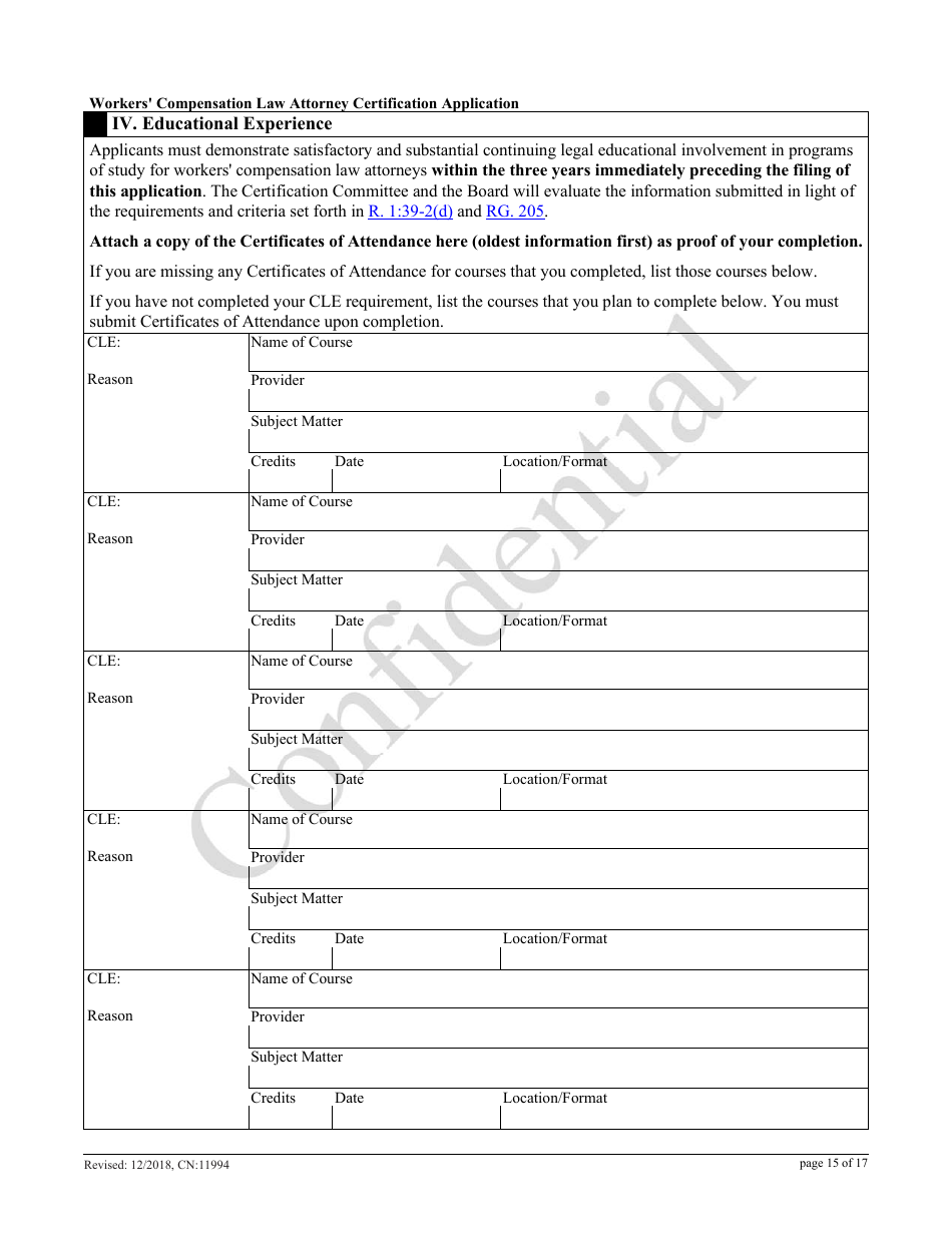 Form CN:11994 Workers Compensation Law Attorney Certification Application - New Jersey, Page 15