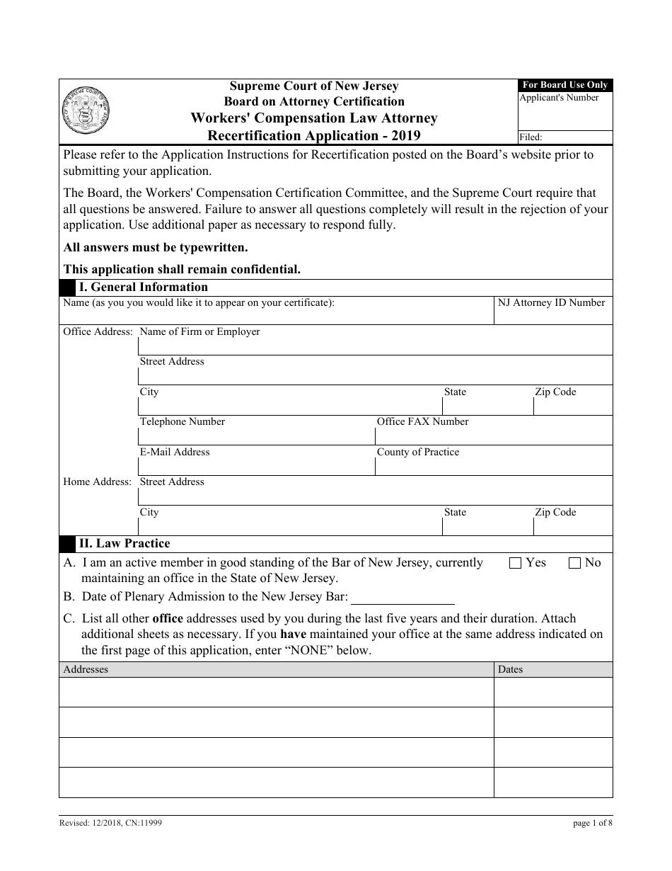 Form CN:11999 Workers Compensation Law Attorney Recertification Application - New Jersey, Page 1