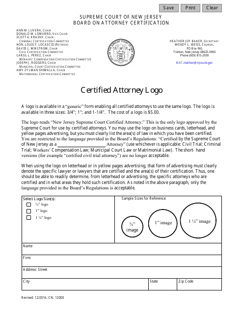 Form CN:12000 Certified Attorney Logo Order Form - New Jersey