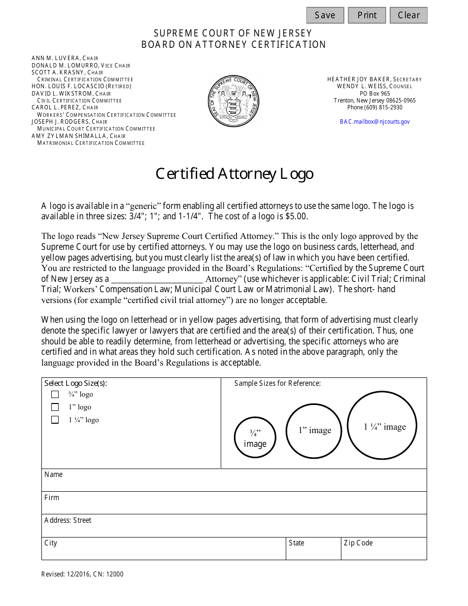 Form CN:12000 Certified Attorney Logo Order Form - New Jersey, Page 1