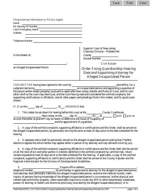 Form 12013 Order Fixing Guardianship Hearing Date and Appointing Attorney for Alleged Incapacitated Person - New Jersey