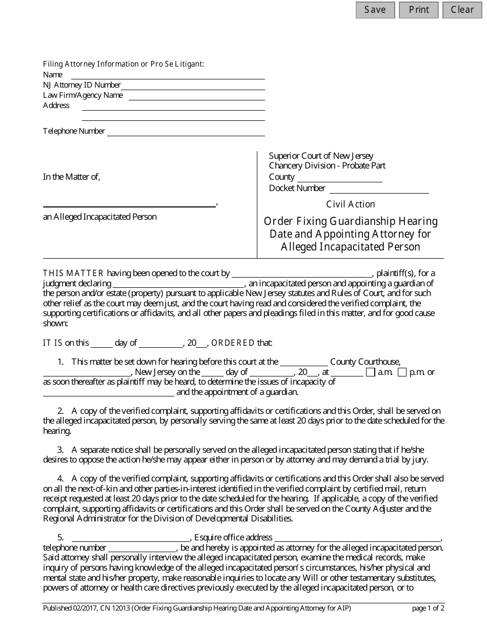 Form 12013 Order Fixing Guardianship Hearing Date and Appointing Attorney for Alleged Incapacitated Person - New Jersey, Page 1