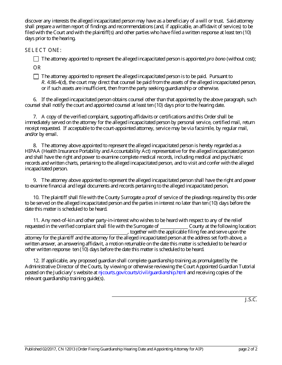 Form 12013 Order Fixing Guardianship Hearing Date and Appointing Attorney for Alleged Incapacitated Person - New Jersey, Page 2