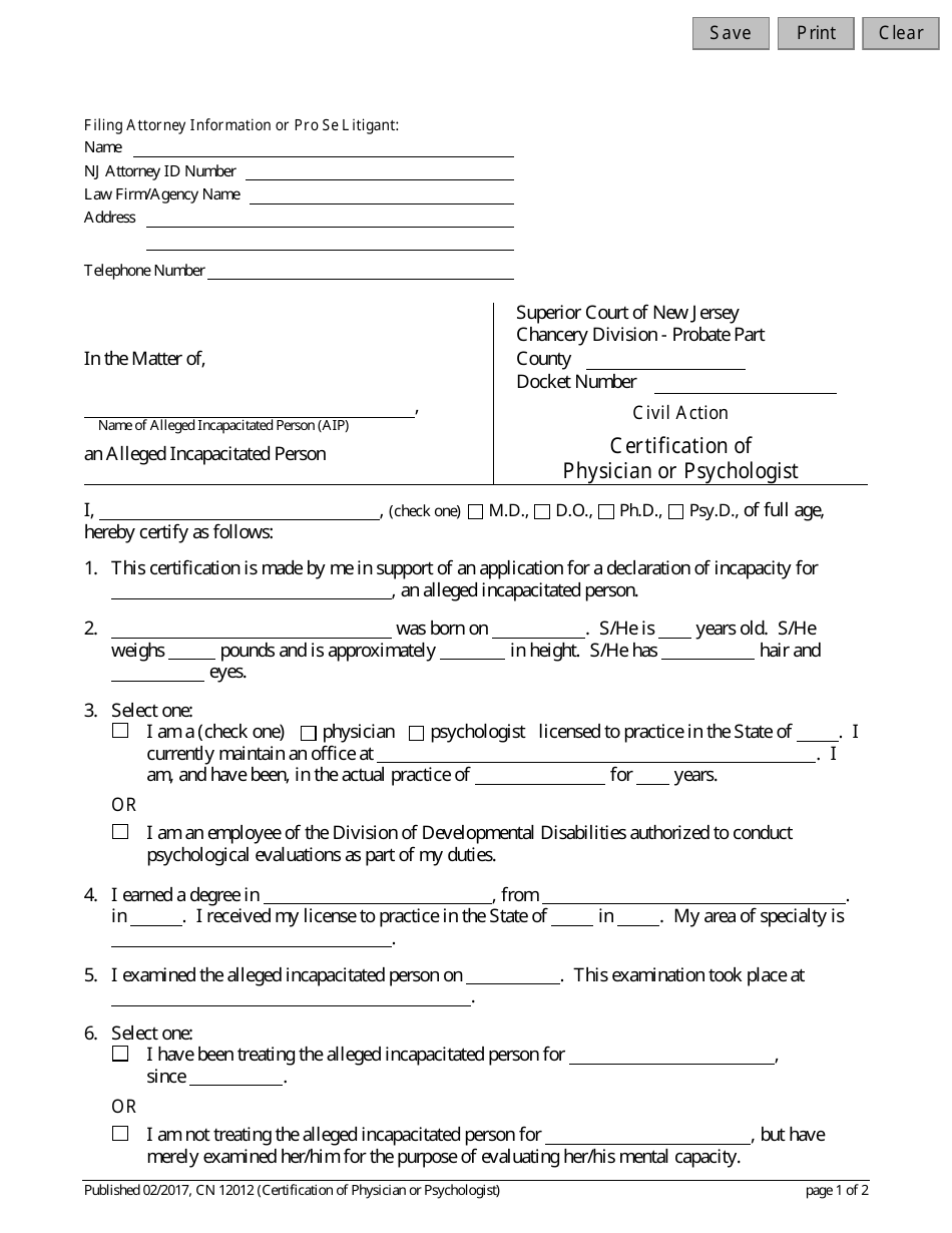 Form 12012 Adult Guardianship - Certification of Physician or Psychologist - New Jersey, Page 1