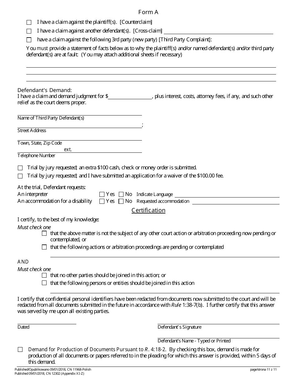 Form A (11968) Appendix XI-Z Special Civil Answer With a Counterclaim Cross-claim and / or Third Party Complaint - New Jersey (English / Polish), Page 11