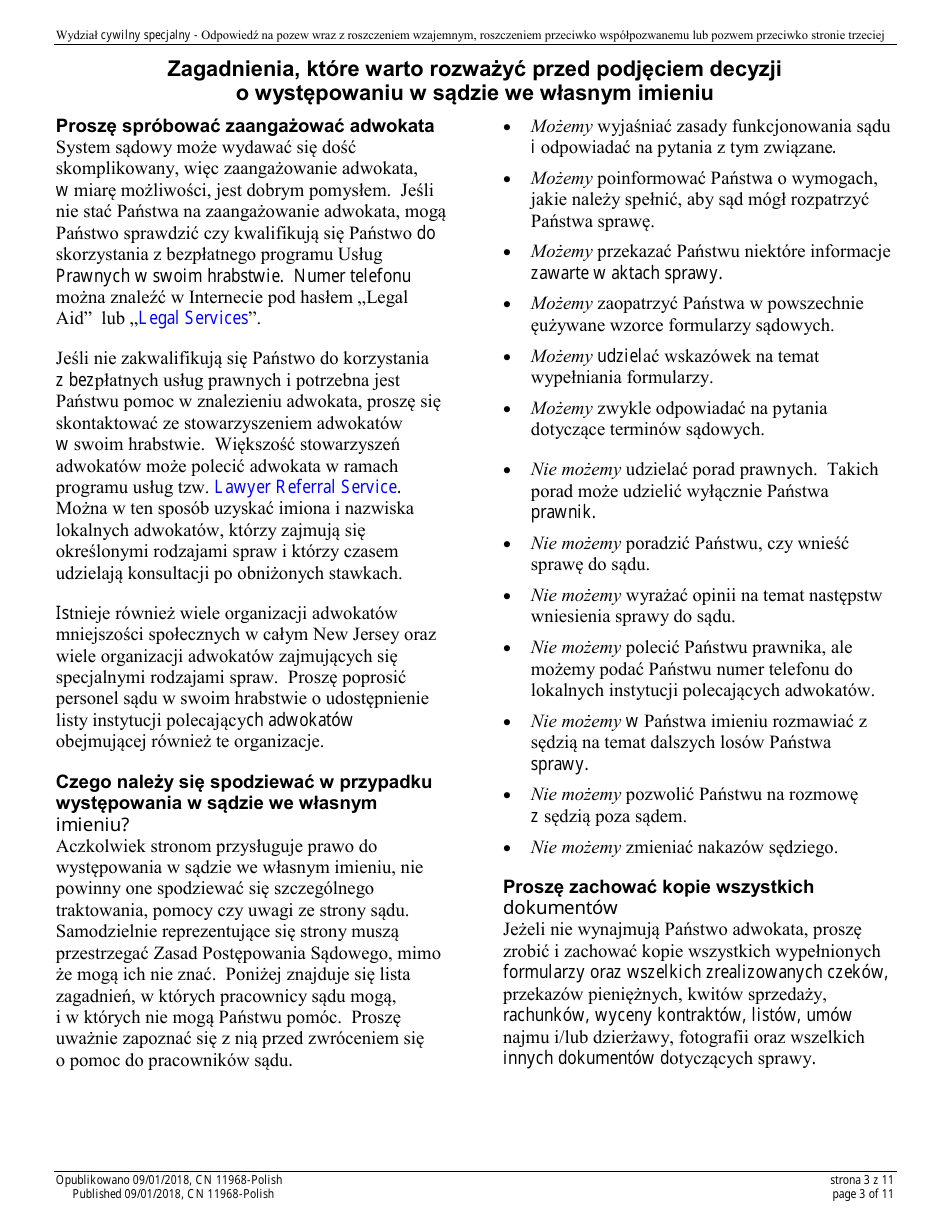 Form A (11968) Appendix XI-Z Special Civil Answer With a Counterclaim Cross-claim and / or Third Party Complaint - New Jersey (English / Polish), Page 3