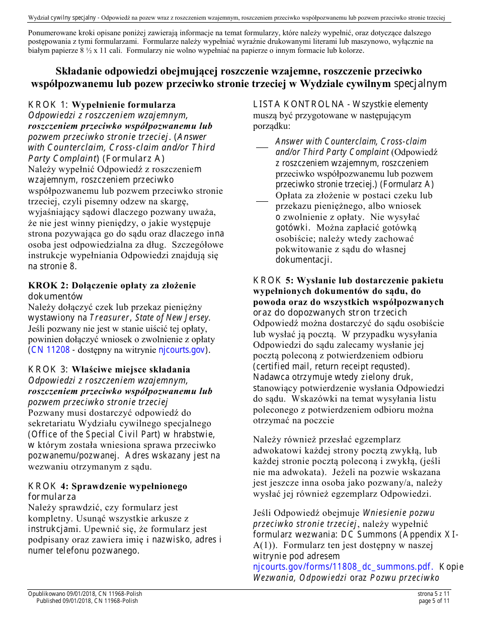 Form A (11968) Appendix XI-Z Special Civil Answer With a Counterclaim Cross-claim and / or Third Party Complaint - New Jersey (English / Polish), Page 5