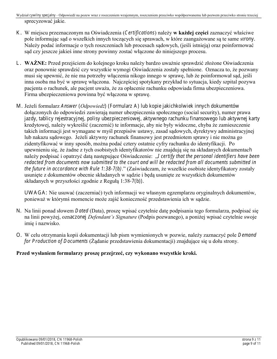 Form A (11968) Appendix XI-Z Special Civil Answer With a Counterclaim Cross-claim and / or Third Party Complaint - New Jersey (English / Polish), Page 9