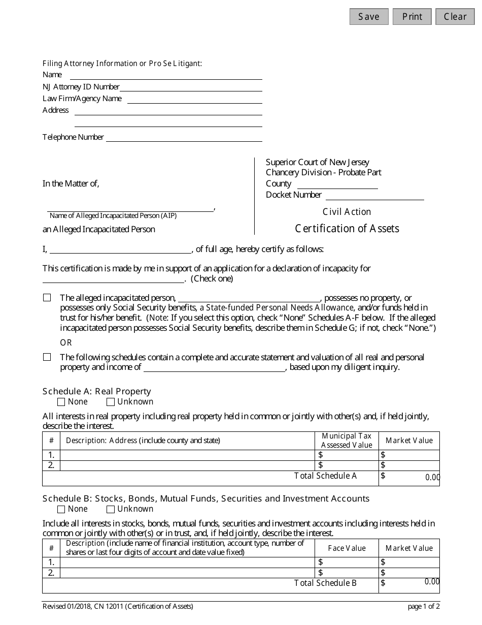 Form 12011 Certification of Assets - New Jersey, Page 1