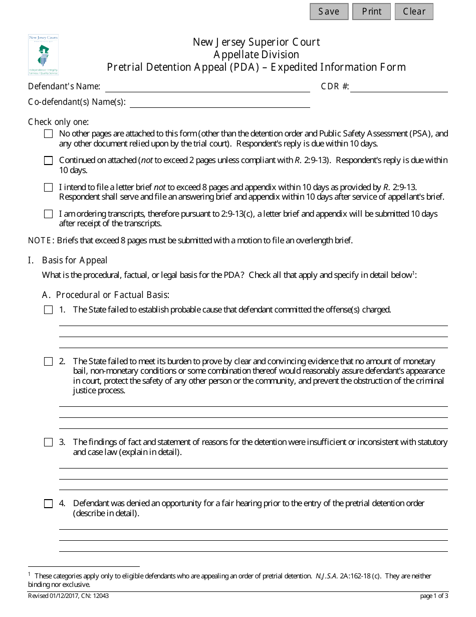 Form 12043 Pretrial Detention Appeal (Pda) - Expedited Information Form - New Jersey, Page 1