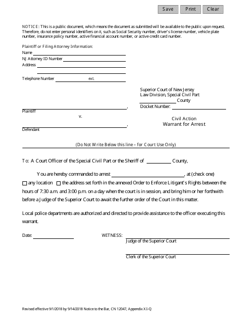 Form 12047 Appendix XI-Q Warrant for Arrest - New Jersey