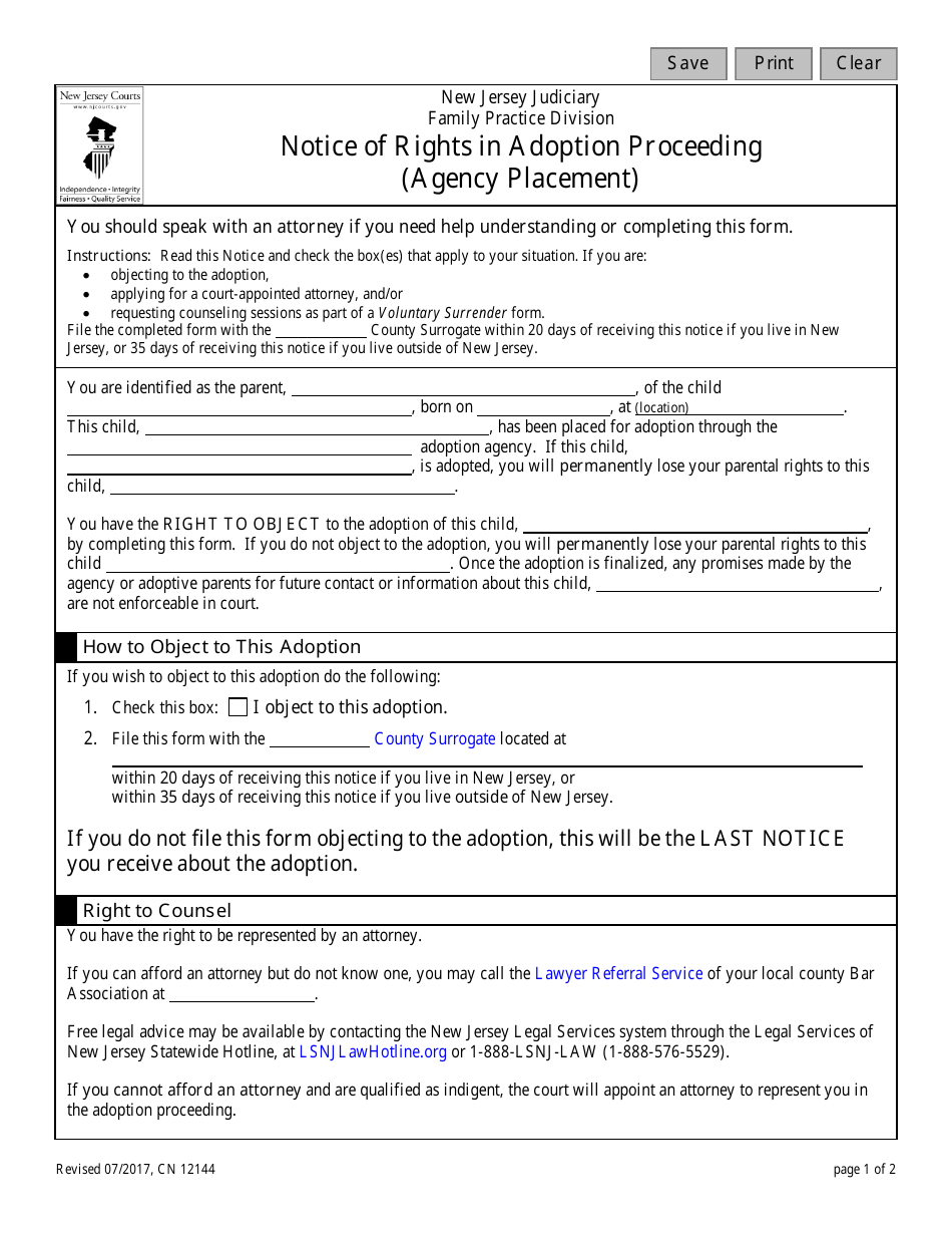 Form 12144 Notice of Rights in Adoption Proceeding (Agency Placement) - New Jersey, Page 1