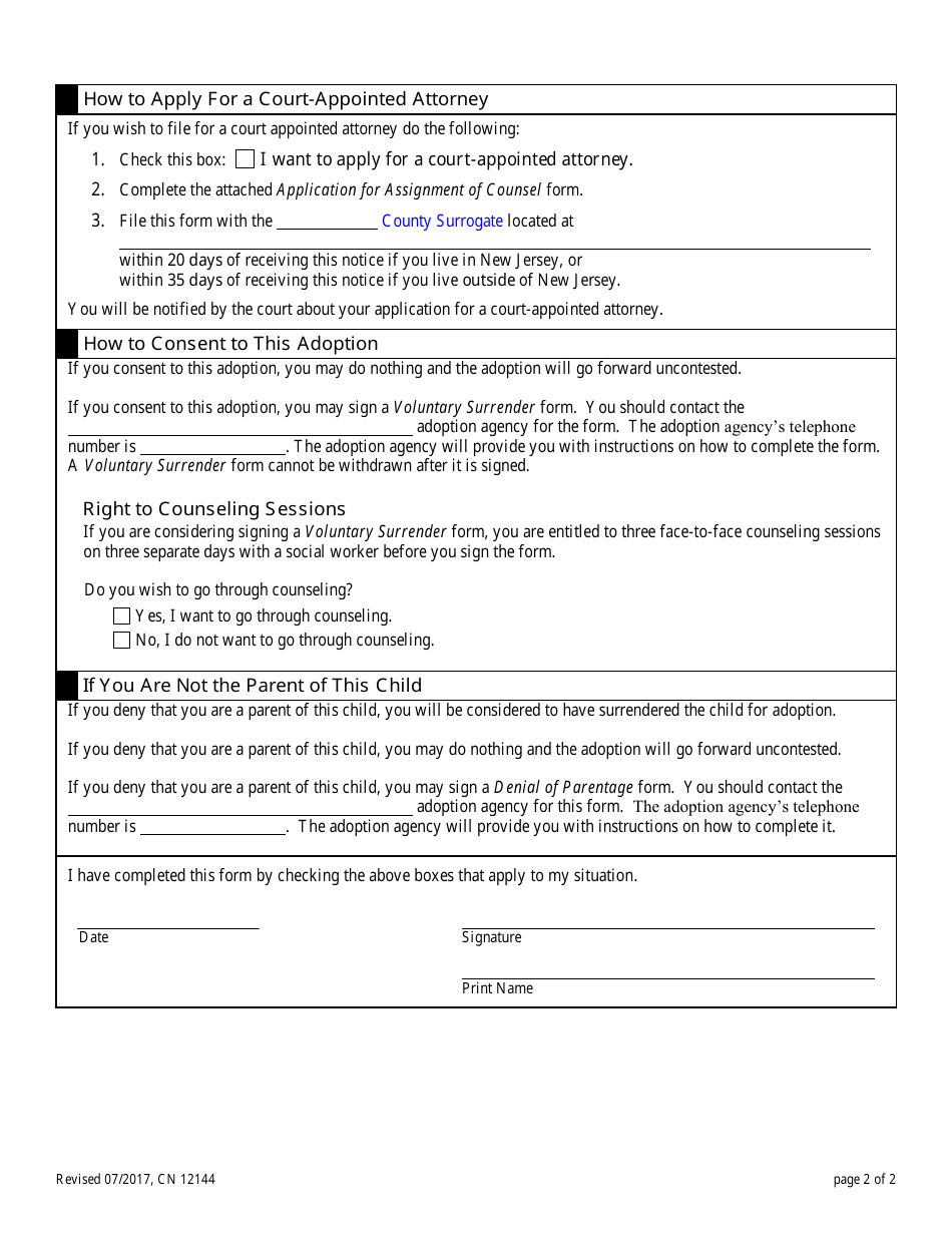 Form 12144 Notice of Rights in Adoption Proceeding (Agency Placement) - New Jersey, Page 2