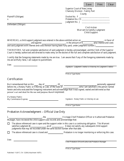 Form CN:12208 Attachment 1607E Warrant to Satisfy Judgment - Child Support - New Jersey
