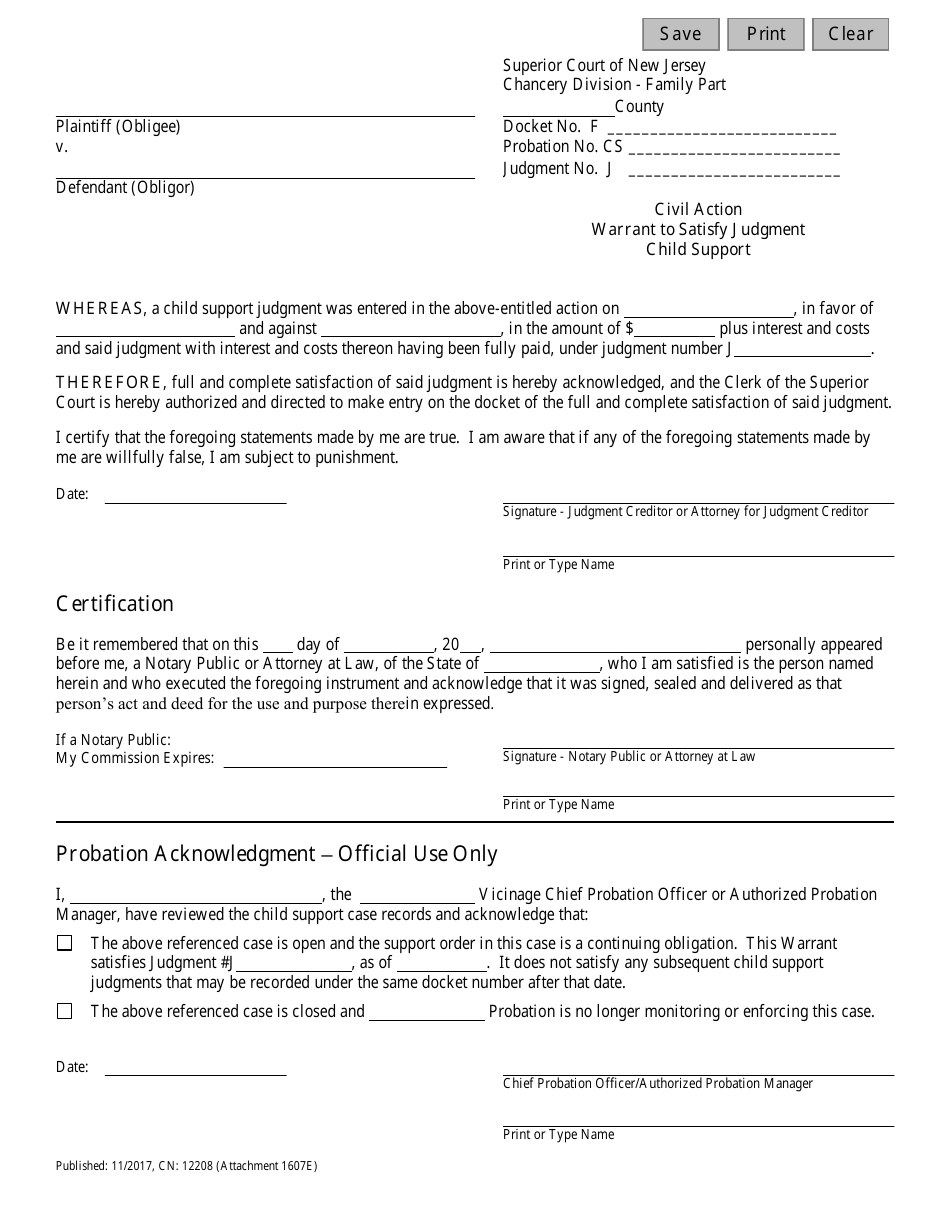 Form CN:12208 Attachment 1607E Warrant to Satisfy Judgment - Child Support - New Jersey, Page 1