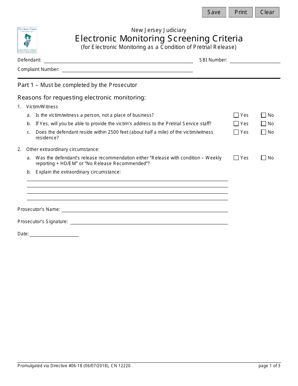 Form 12220 Electronic Monitoring Screening Criteria (For Electronic Monitoring as a Condition of Pretrial Release) - New Jersey, Page 1