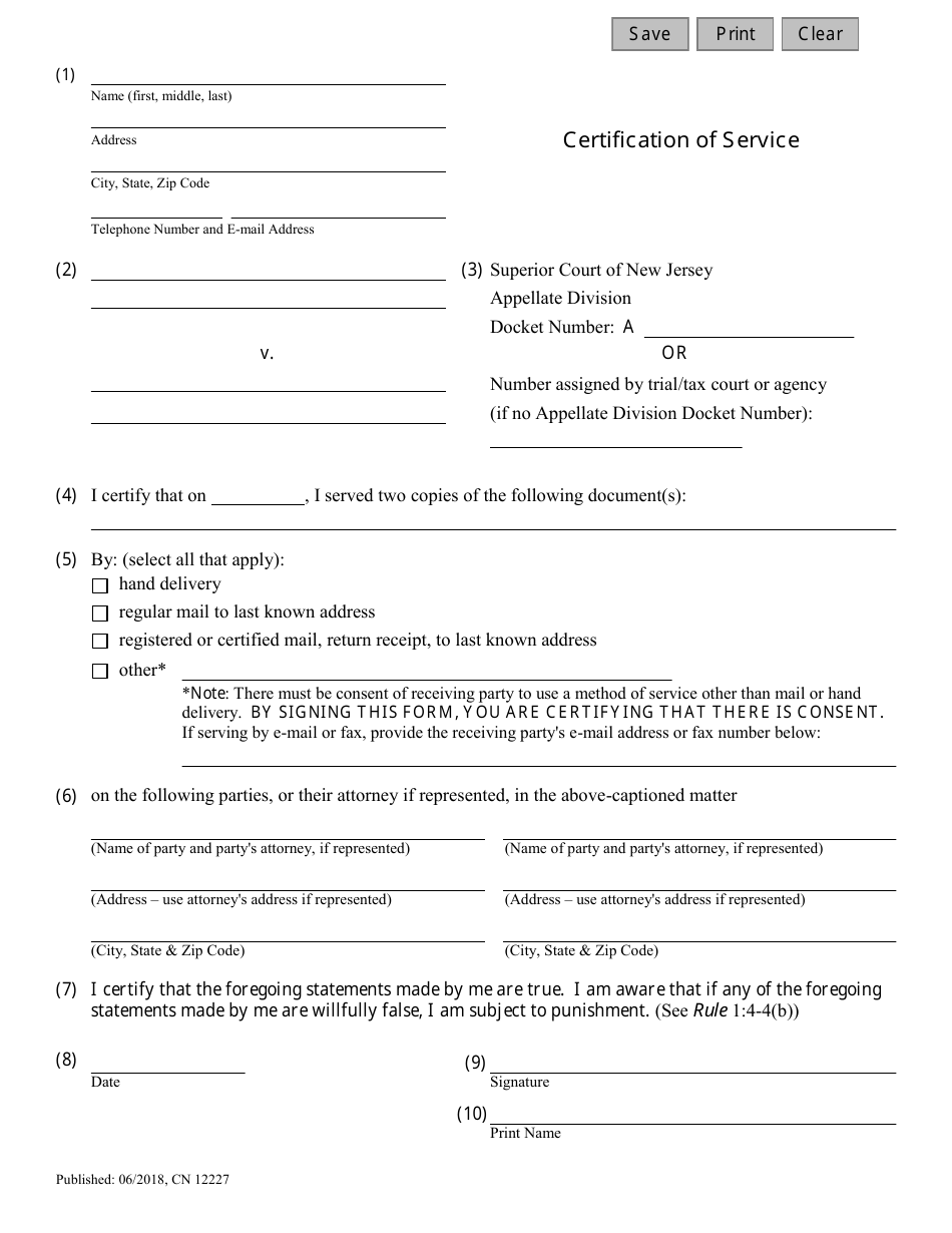 Form 12227 Certification of Service - Appellate - New Jersey, Page 2