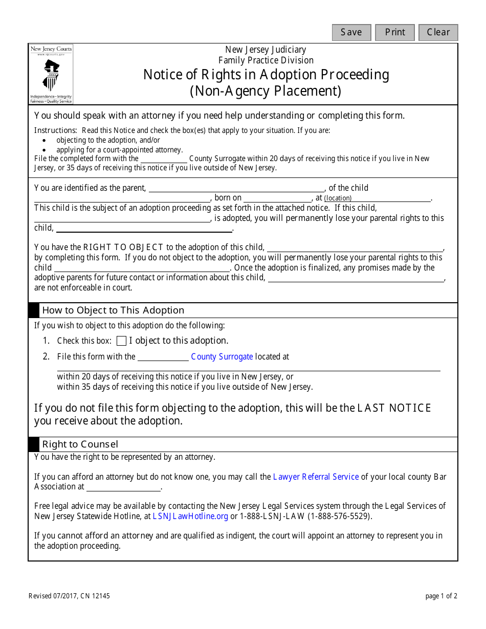 Form 12145 Notice of Rights in Adoption Proceeding (Non-agency Placement) - New Jersey, Page 1