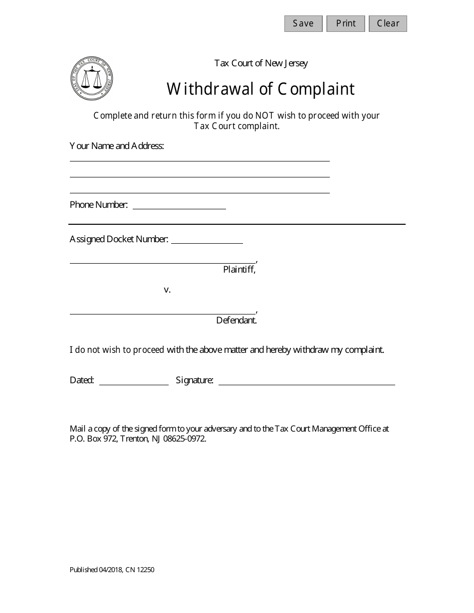 Form 12250 Withdrawal of Complaint - New Jersey, Page 1