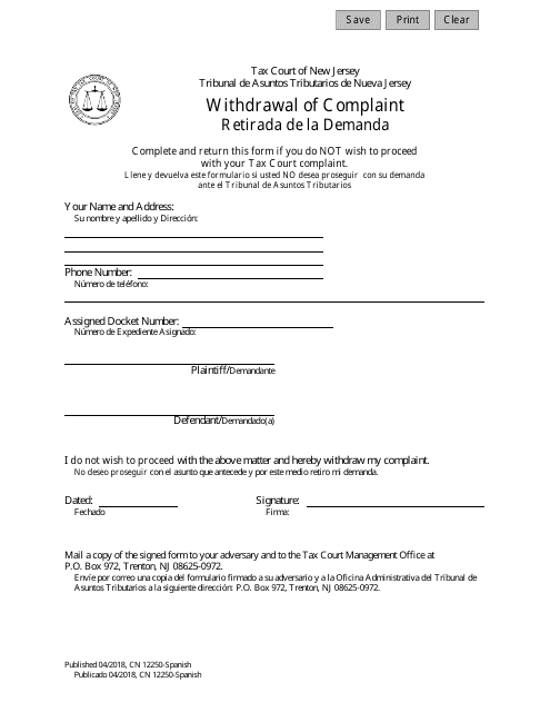 Form 12250 Withdrawal of Complaint - New Jersey (English/Spanish)