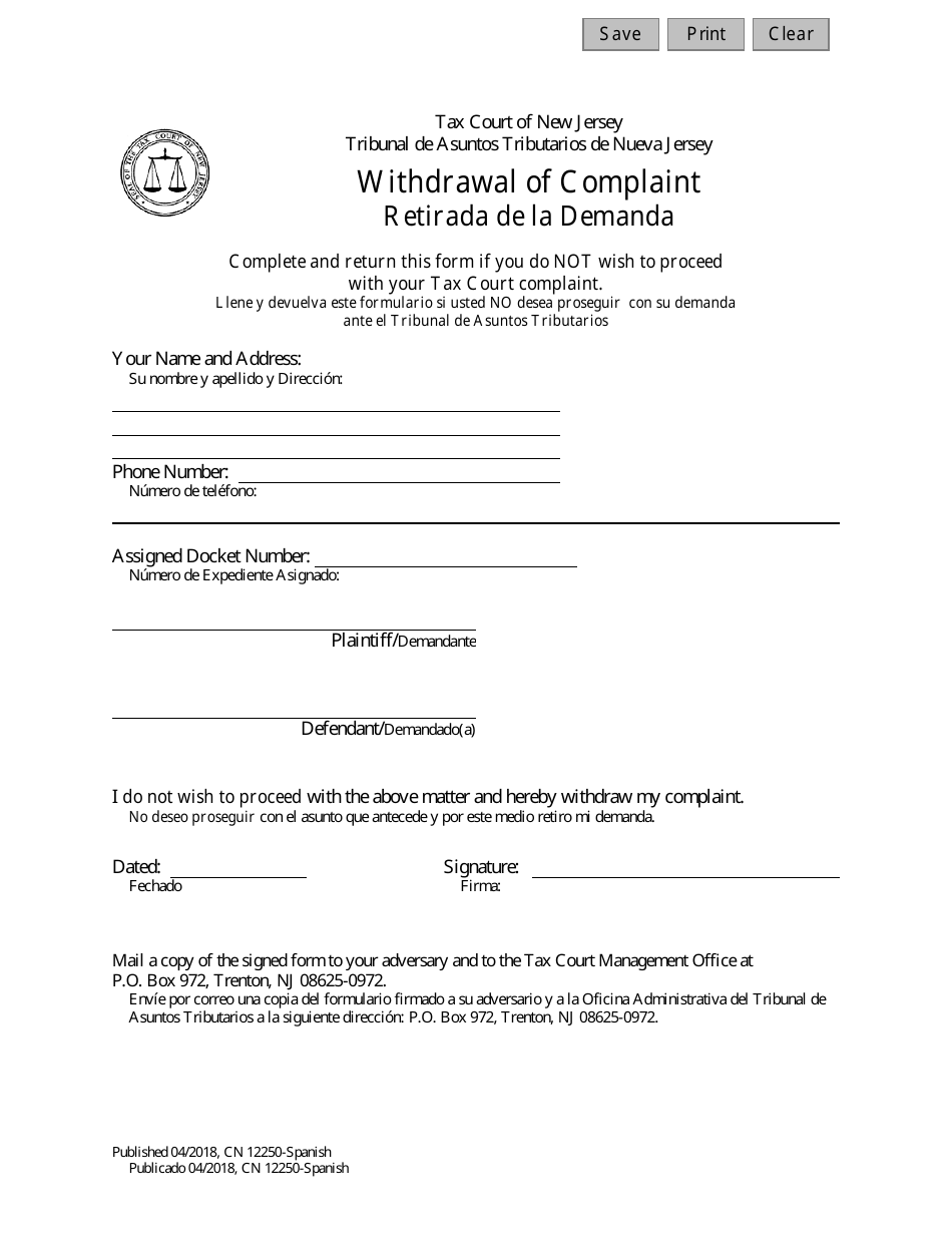 Form 12250 Withdrawal of Complaint - New Jersey (English / Spanish), Page 1