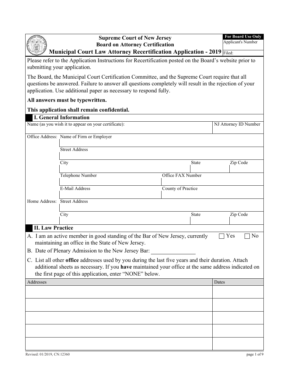 Form CN:12360 Municipal Court Law Attorney Recertification Application - New Jersey, Page 1